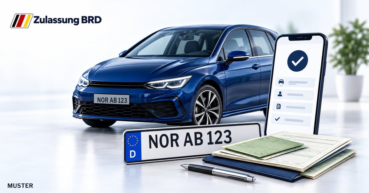 Online Fahrzeugzulassung in Norden: Musterkennzeichen NOR AB 123, Auto und Fahrzeugpapiere und Smartphone. Illustration mit Logo von Zulassung BRD.